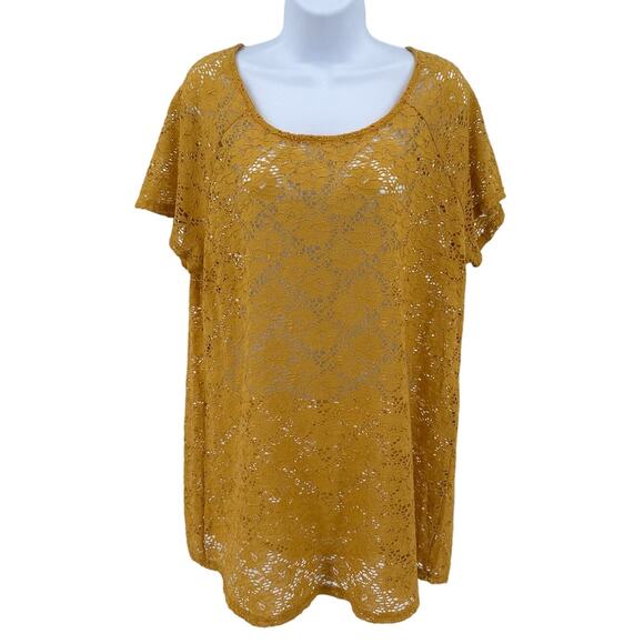 Free Kisses Golden Yellow Lace Top Womens Plus 3X Short Sleeve Scoop Neck Sheer - Picture 1 of 5